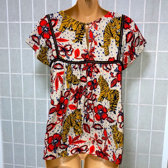 Coreylynncalter ANTHROPOLOGIE Tiger &Tropical Floral Print Summer Tunic Top XS - Picture 6 of 10